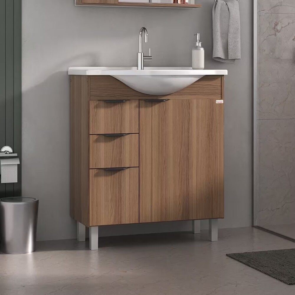 Mueble de baño de pie Crystal Nogal 72 cm con Bacha de resina y espejo con botiquín Mueble De Baño De Pie Crystal Nogal 72 Cm Con Bacha De Resina Y Espejo Con Botiquín