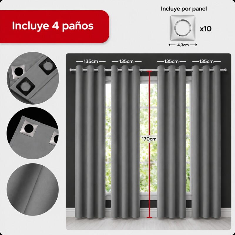 Set x4 paños cortina blackout 1,35m x 1,70m GRIS