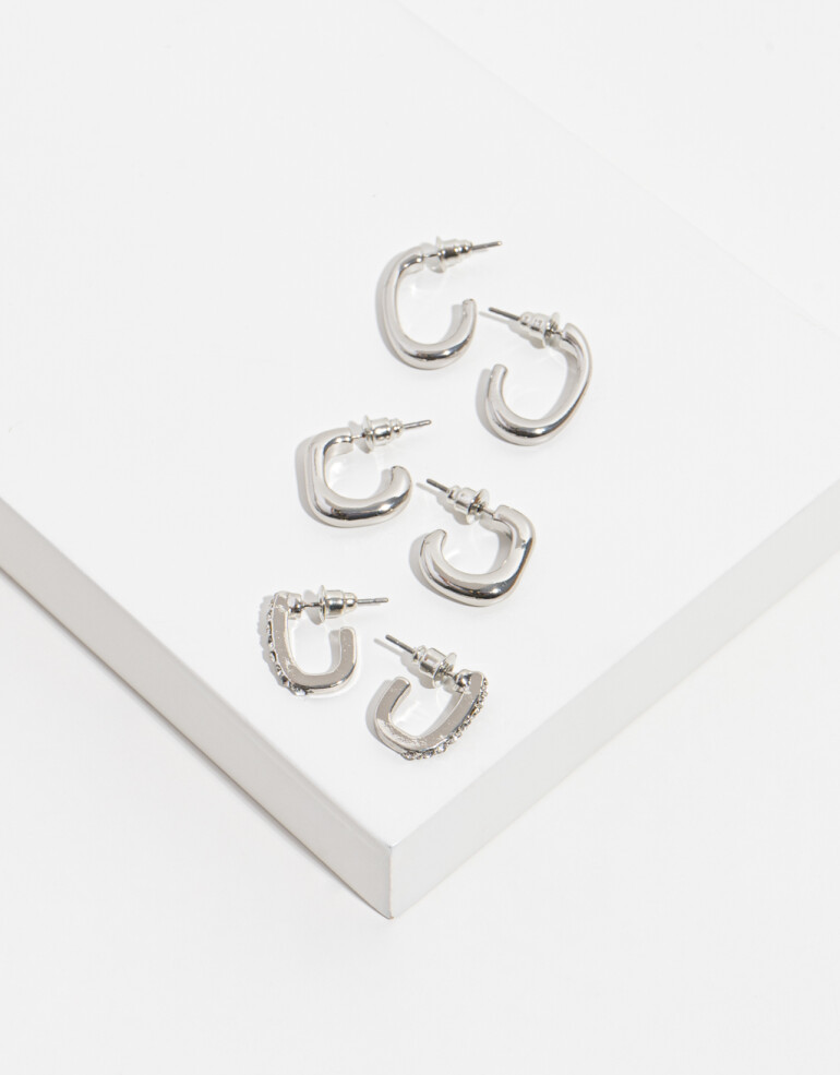 Aros Argollas Set Strass Set De Argollas Con Strass - Plateado Rodio