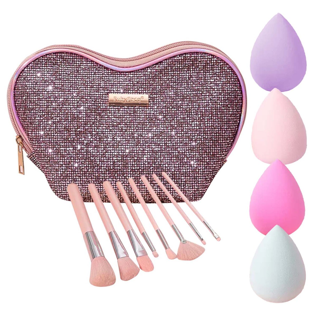 Set Maquillaje 8 Brochas y Pinceles con Estuche + Esponjas - Rosa 