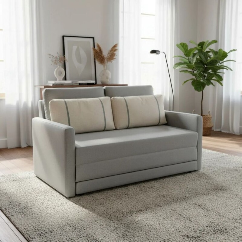 SOFA CAMA 146 MTS - PARRILLA EXTENSIBLE TELA GRIS - ALMOHADONES TELA CLARA SOFA CAMA 146 MTS - PARRILLA EXTENSIBLE TELA GRIS - ALMOHADONES TELA CLARA