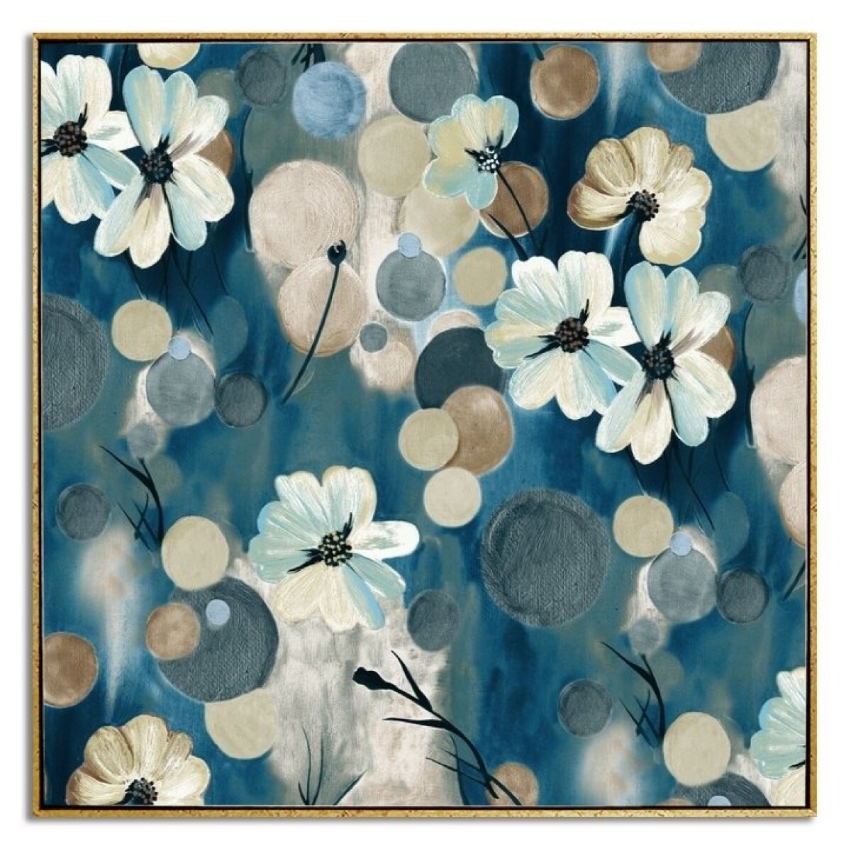 CUADRO CANVAS 60x60cm MARCO PINTURA FLORES AZUL 1 