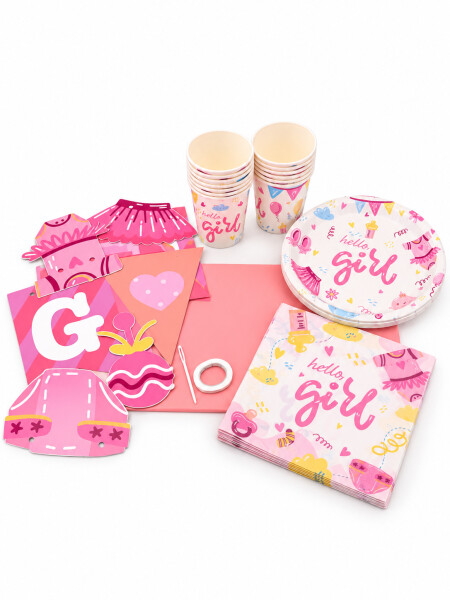 PARTY SET ITS A GIRL COMPLETO 38PCS ROSADO.
