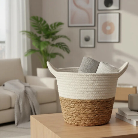 Cesto Canasto Fibra Natural y Algodón c/ Asa Paramount Ø26Cm Blanco