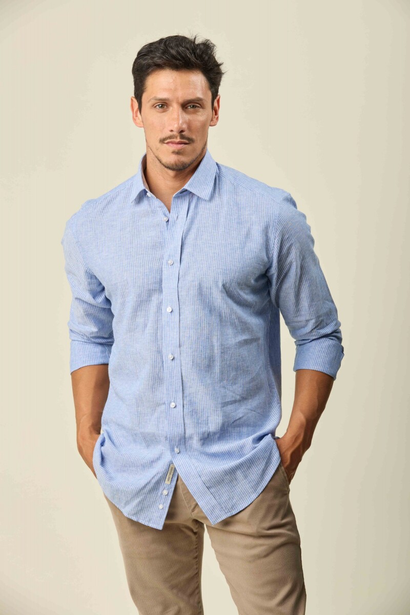 Camisa Lino Algodón Manga Larga - Celeste Rayas 