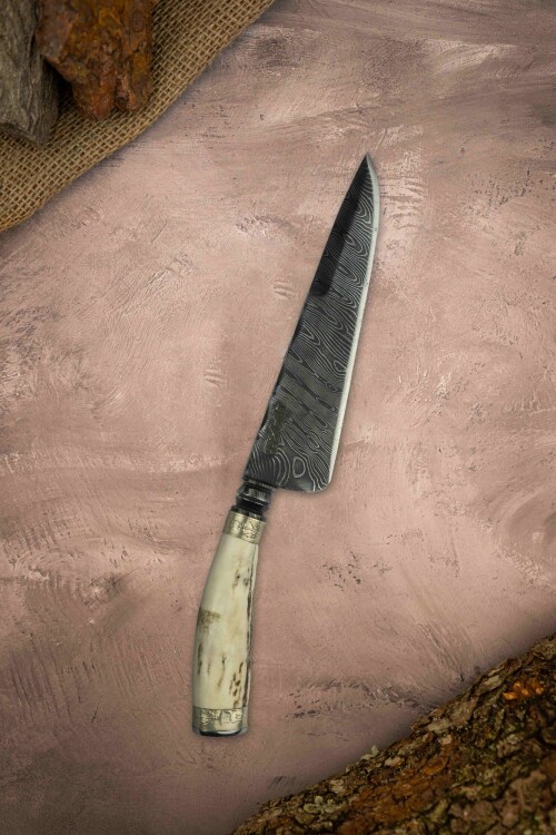 Cuchillo en Acero de Damasco, Cabo de Ciervo Cuchillo en Acero de Damasco, Cabo de Ciervo