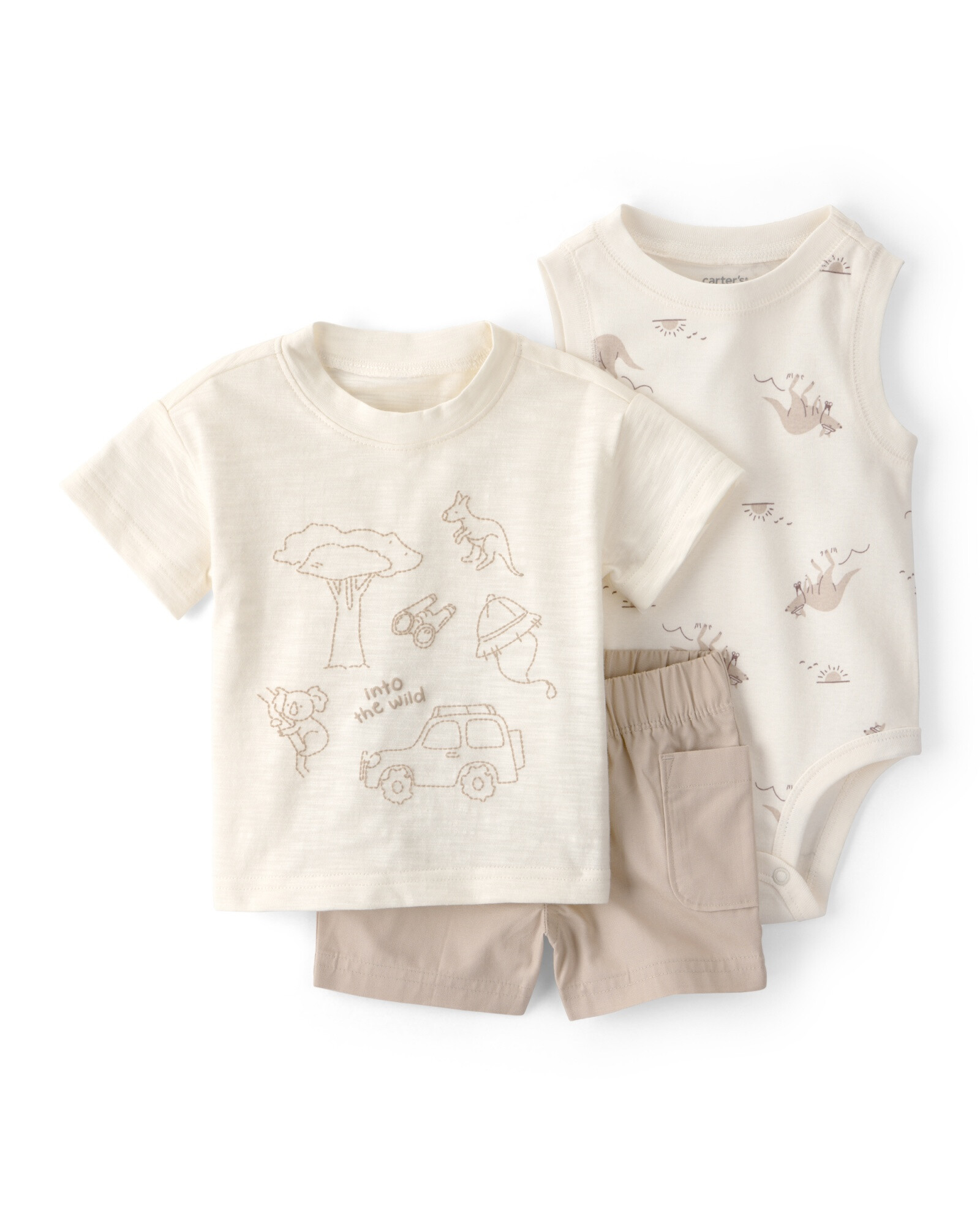 Set tres piezas de algodón, short, remera y body, beige, estampa safari Sin color
