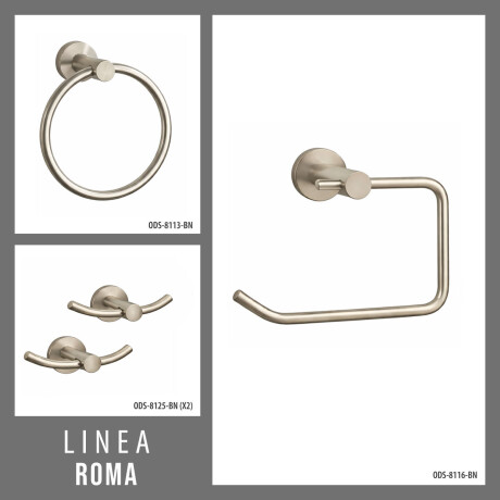 SET DE ACCESORIOS INCLUYE 2 PERCHAS DOBLES,PORTA ROLLO Y TOALLERO ARO, LINEA ROMA BRUSH NICKEL 000