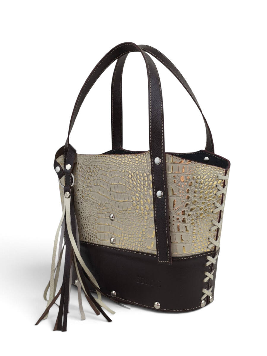 Matera de dama con trenzado - Croco beige y dorado 