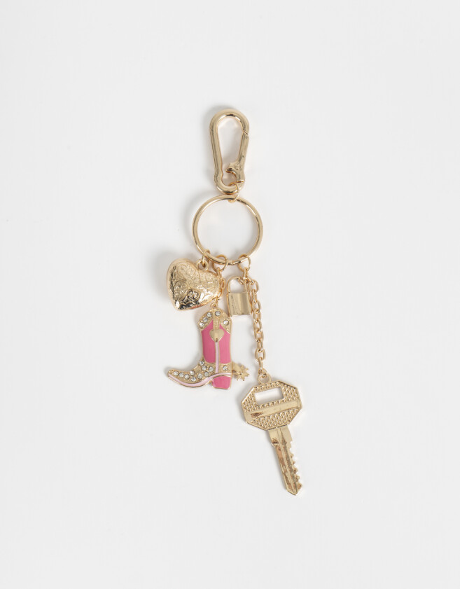 Llavero Metal Llavero Con Dije De Bota, Corazón, Llave Y Un Cordón - Dorado