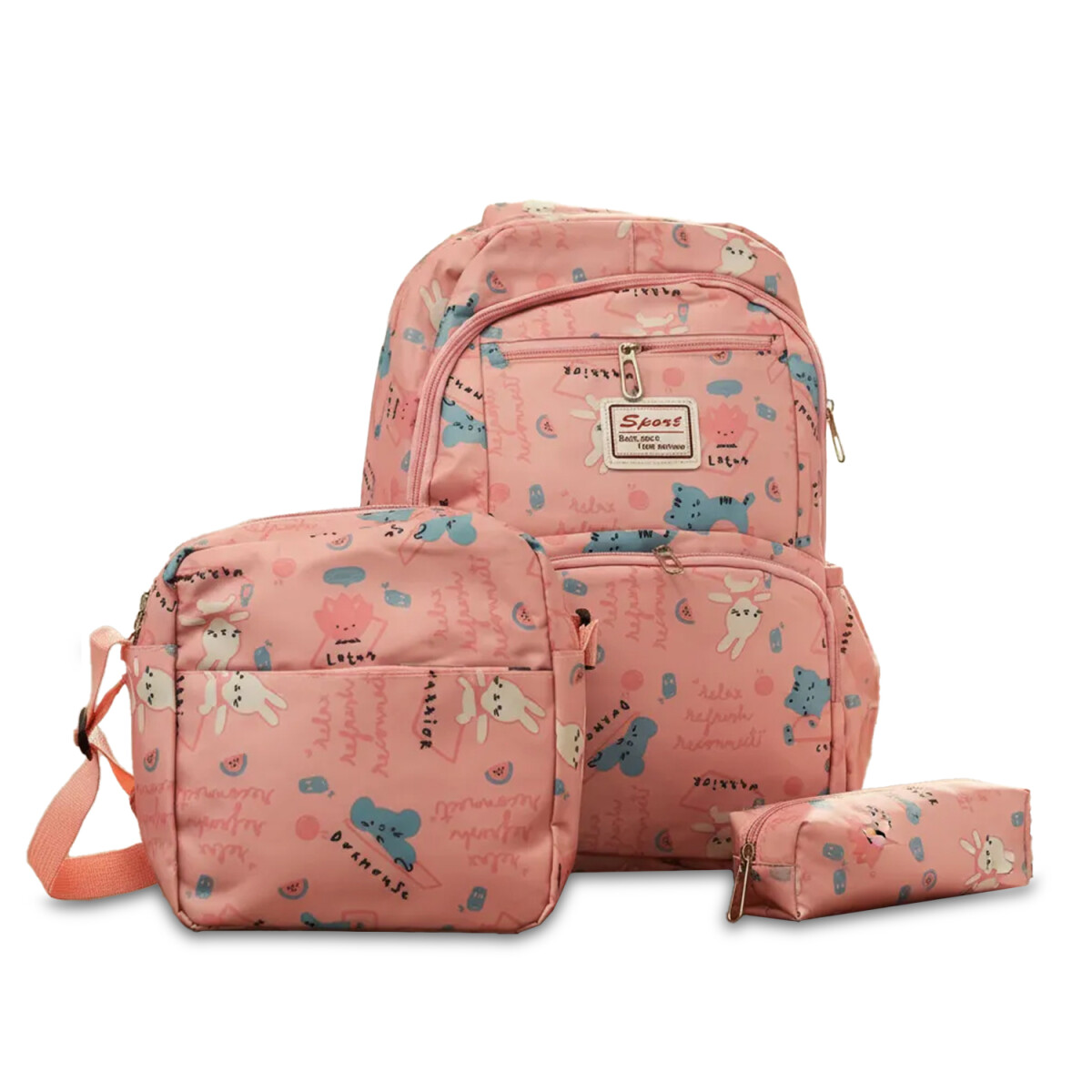 Set Mochila 3 Piezas Diseño Animalitos Escolar Resistente - Rosa Claro 