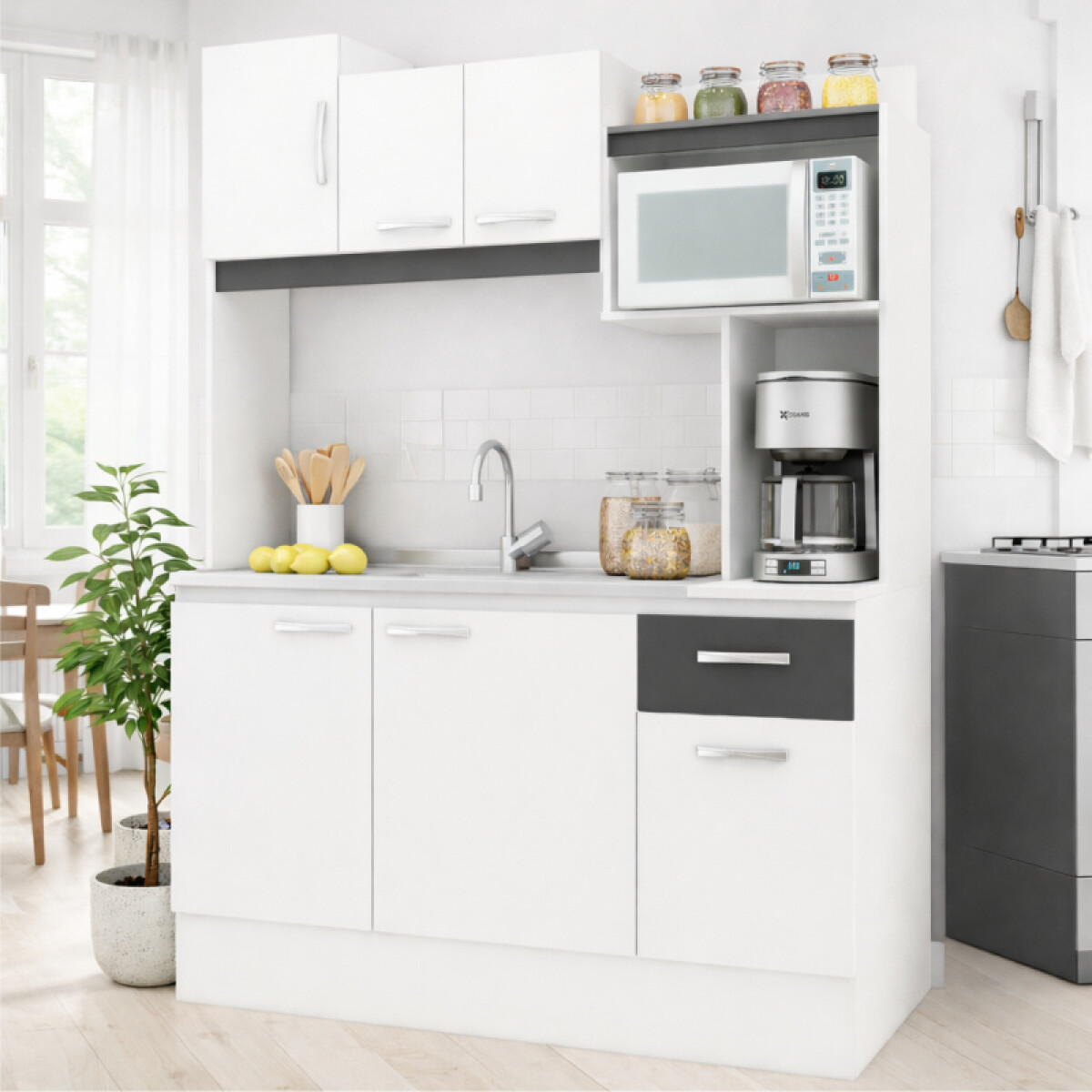 [OUTLET] Kit de cocina compacta 6 puertas 1 cajón Patas Ajustables y Rieles Metálicos 150 x 50 x 190 cm [Falta una pieza] 