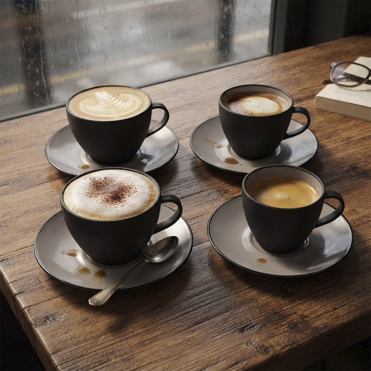 Set de Plástico de 4 Tazas de Café con Platillos - NEGRO 