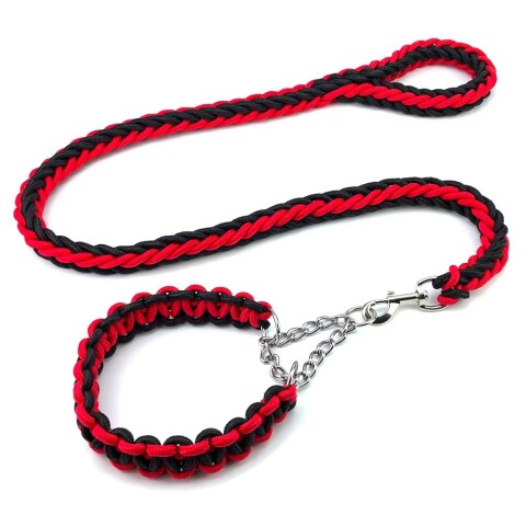 Correa Collar Reforzado Perros Semi Ahorque Cuerda Trenzada Variante Color Rojo y Negro