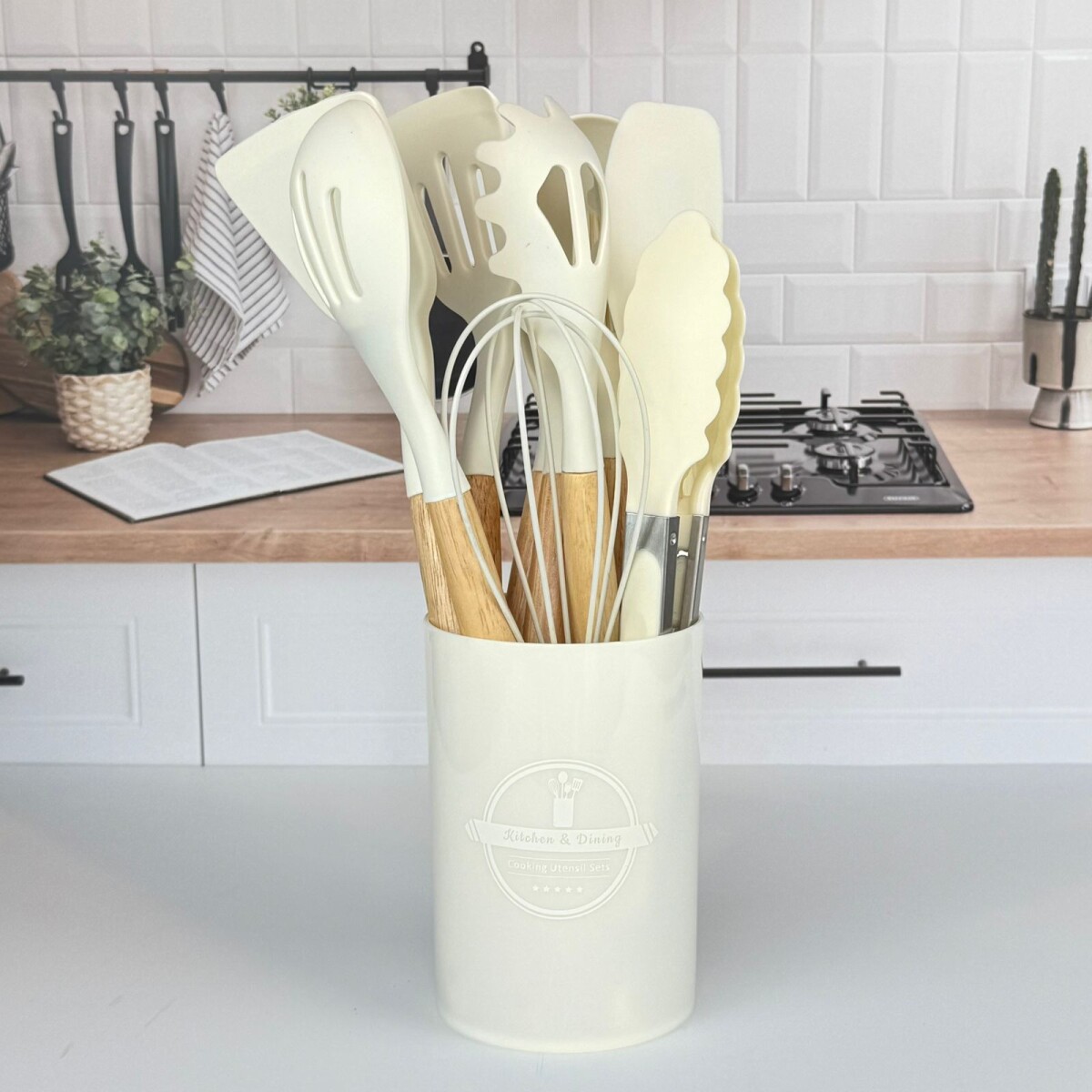 Set de Utensilios de Cocina de Silicona con Mango de Madera – 12 Piezas | BEIGE 