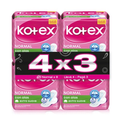 Toallas Fem.Normal C/Alas Extra Proteccion 4X3 Kotex Sin Color