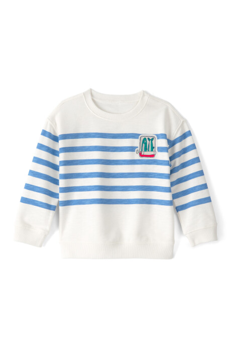 Buzo de algodón, diseño a rayas azul y blanco, con aplique de pez Buzo de algodón, diseño a rayas azul y blanco, con aplique de pez