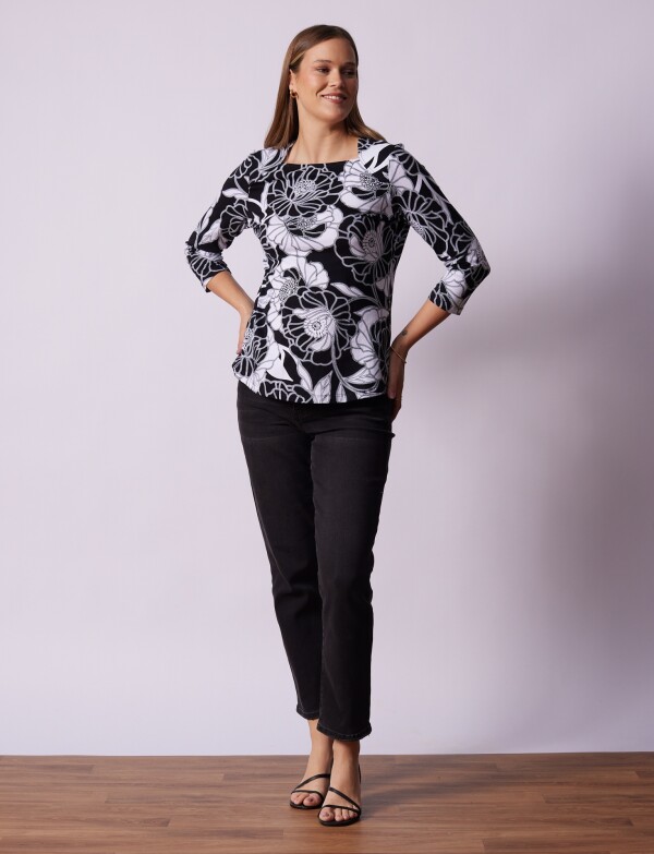 Remera Esc Cuadrado Flores NEGRO/BLANCO
