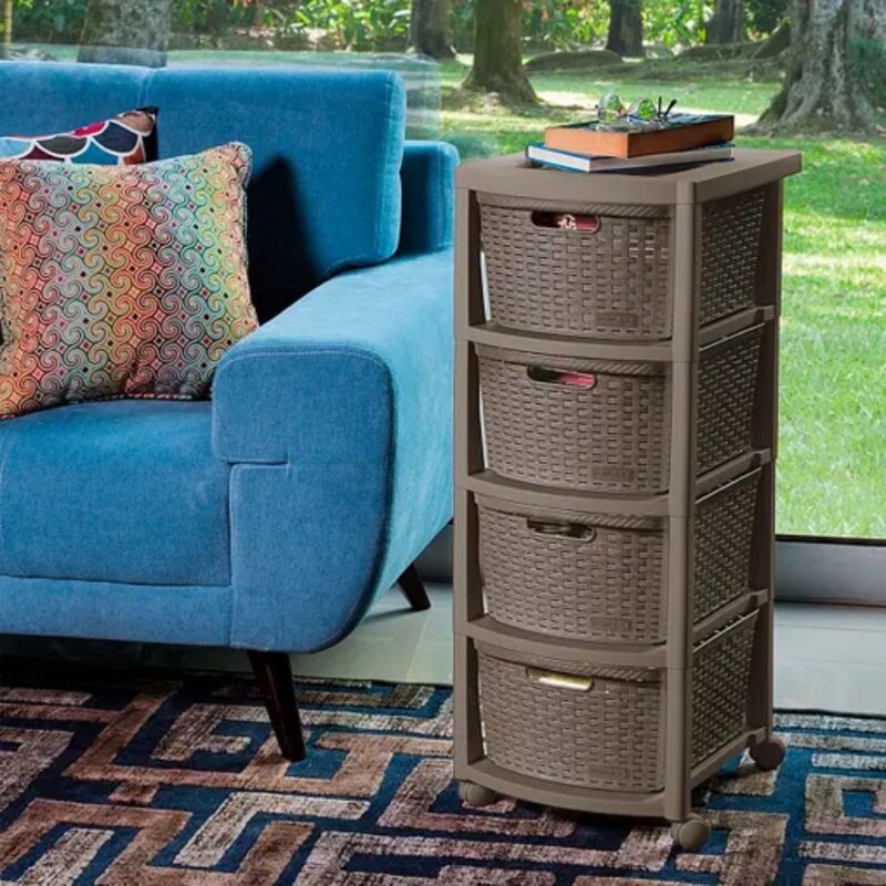 Cajonero Rimax Plastico Rattán Mocca 4 cajones, estante y ruedas Blanca Cajonero Rimax Plastico Rattán Mocca 4 cajones, estante y ruedas Blanca