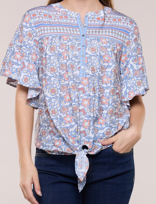 Blusa Boho Con Nudo Y Manga Mariposa MULTI/AZUL