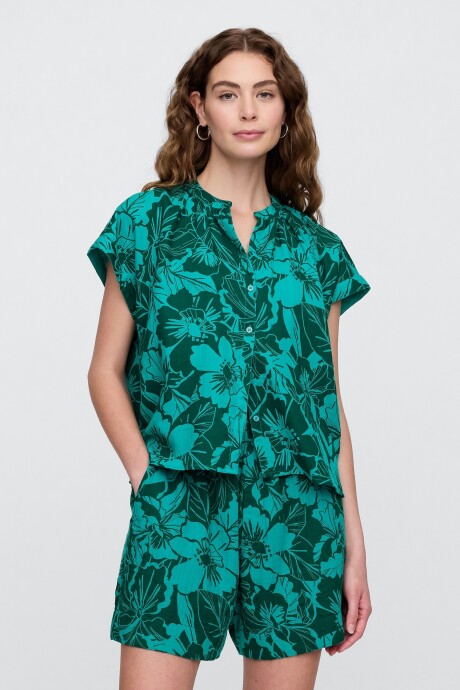 Blusa Muselina Manga Corta Mujer Blue Floral