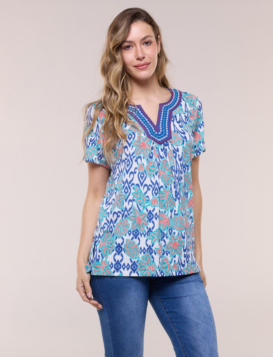 Blusa Con Escote Túnica Bordado - Multi/azul 