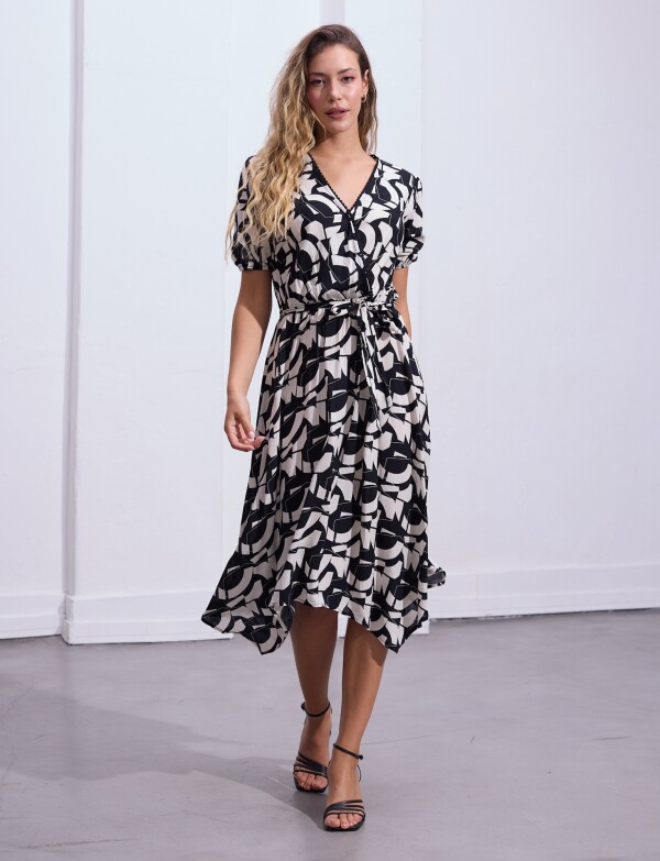 Vestido Printed Detalle Lazo NEGRO/CRUDO