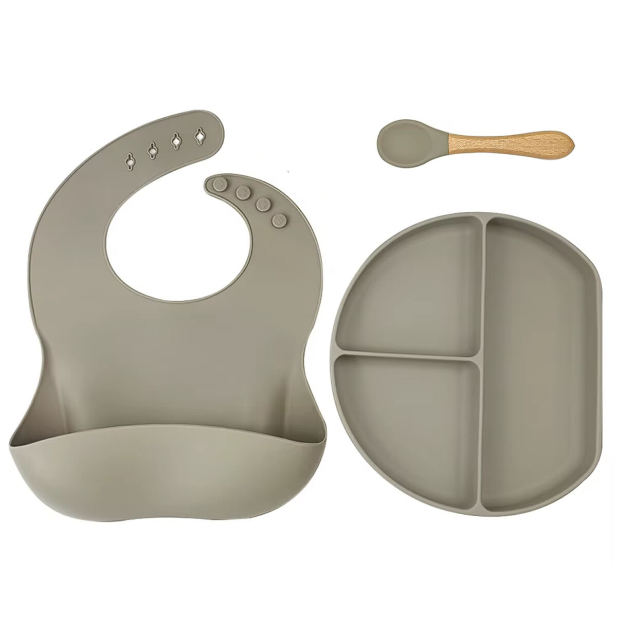 Set de Comida para Bebé con Babero Plato Cuchara en Silicona - Gris 