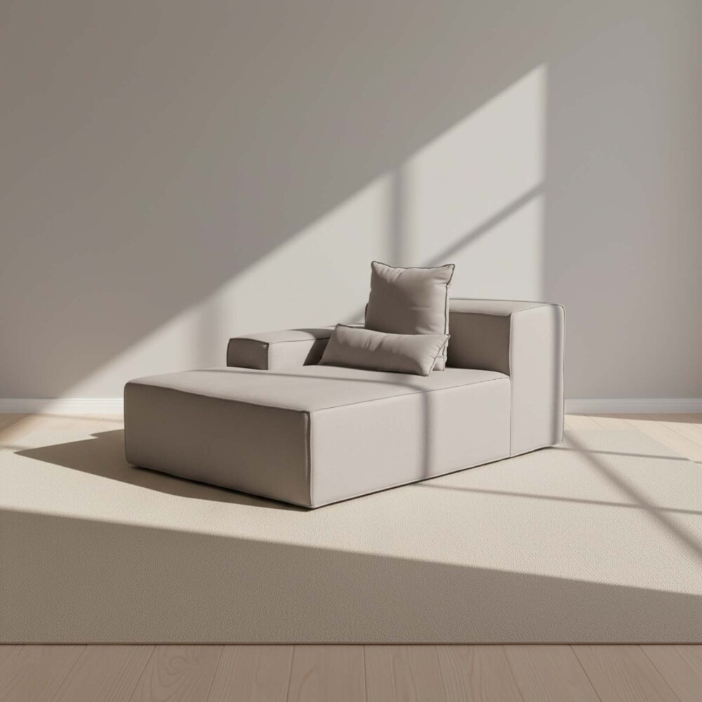 SOFÁ KAI 1 CUERPO TELA GRIS MODULAR CHAISE CON BRAZO IZQUIERDO