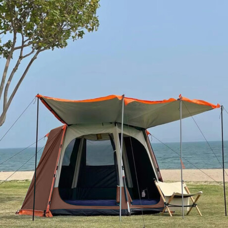 Carpa hexagonal automática con toldo - 4 personas Marrón