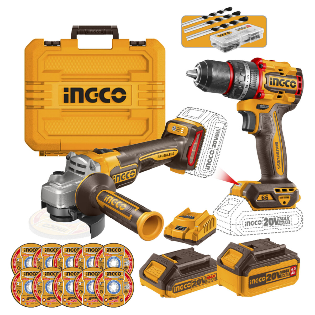 Kit Ingco Inalambrico Taladro Atornillador + Amoladora + 2 Baterías + Valija + Accesorios 