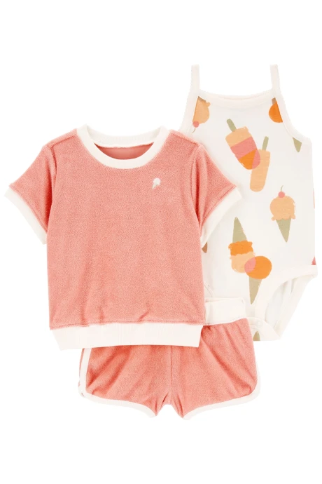 Set tres piezas, short y buzo de rizo más body de algodón, diseño helado Set tres piezas, short y buzo de rizo más body de algodón, diseño helado