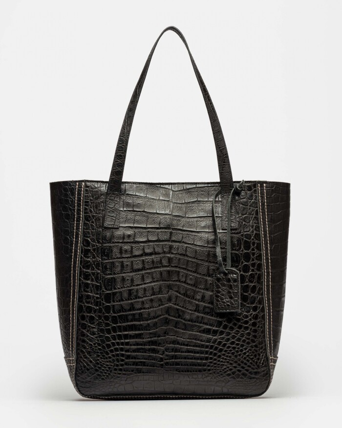 Shopper Vera En Cuero Grabado Croco Negro