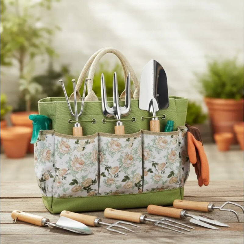 Kit Herramientas De Jardinería Huerta 9 Piezas + Bolso Multicolor