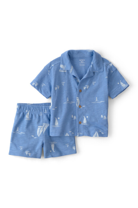 Set dos piezas de algodón, short y camisa, azul, diseño veleros. Talles 6-24M Set dos piezas de algodón, short y camisa, azul, diseño veleros. Talles 6-24M