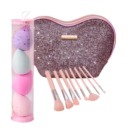 Set Maquillaje 8 Brochas y Pinceles con Estuche + Esponjas Rosa