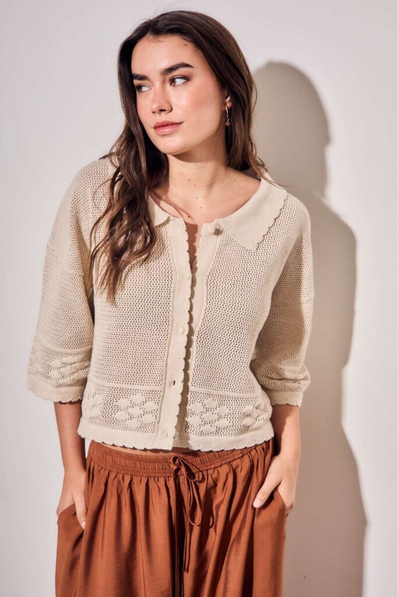 Cardigan Texturado Crochet Flores - Beige Melange 