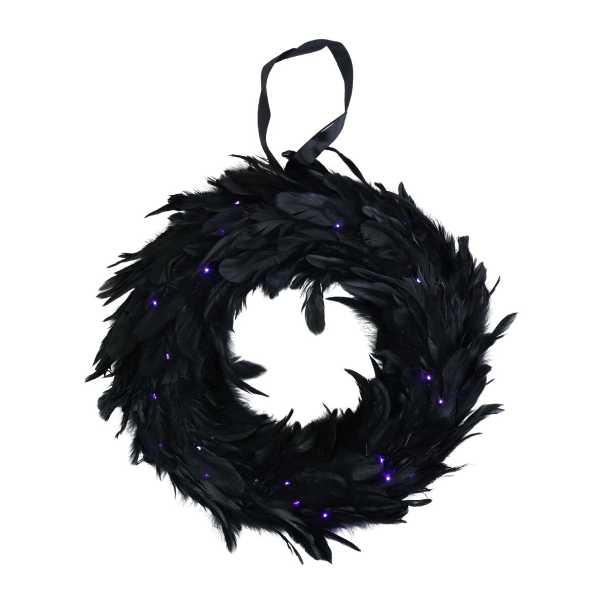 Corona Halloween con plumas y luces a pila 