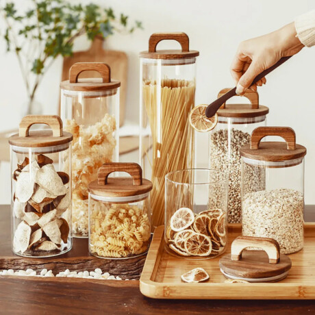 Frasco Recipiente Vidrio Tapa Madera Asa Transparente Transparente