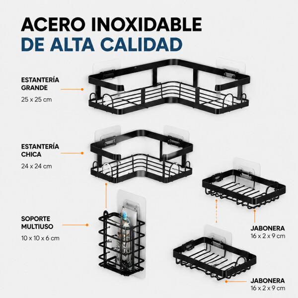 Organizador Baño Estante 5 Piezas Adhesivo Acero Inoxidable Negro 1