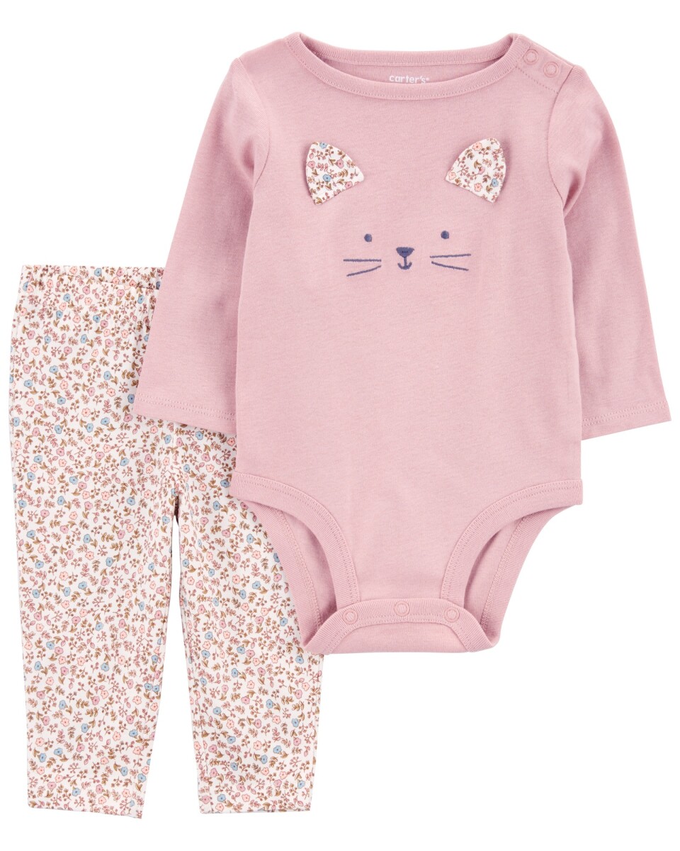 Set dos piezas de algodón, pantalón y body, estampa gatita 
