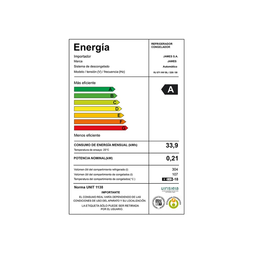 HELADERA JAMES FRÍO SECO 452-LITROS BLANCO RJ 571 INVERTER
