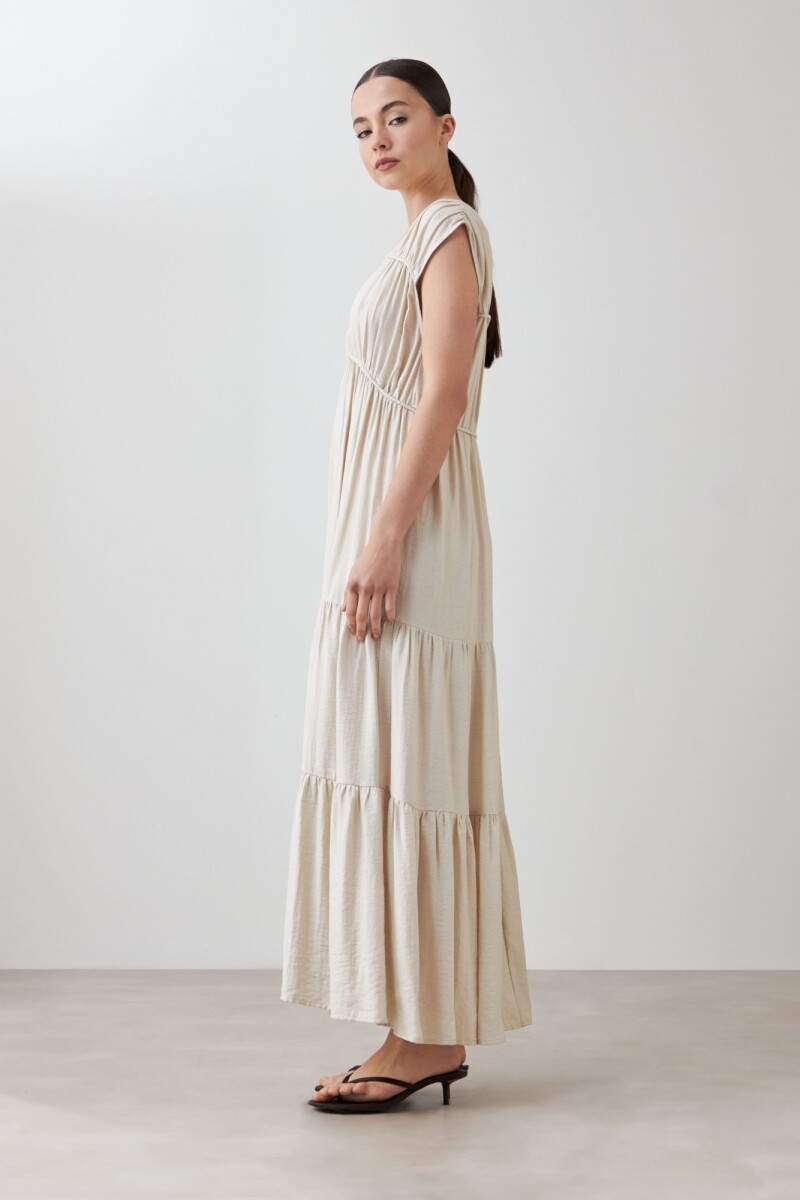 Maxi vestido con frunces beige melange