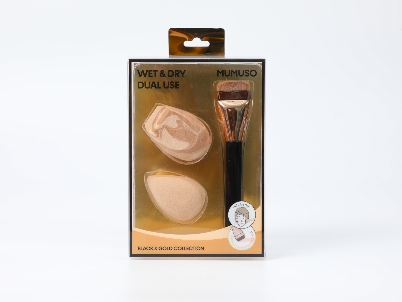 TRÍO DE BROCHAS Y BORLAS PARA BASE DE MAQUILLAJE IMPECABLES GOLDEN COLLECTION 