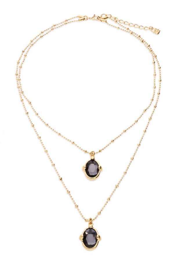 COLLAR DOBLE DE ALEACIÓN DE METALES BAÑADO EN ORO Y 2 CRISTALES FACETADOS PEQUEÑOS Colgante