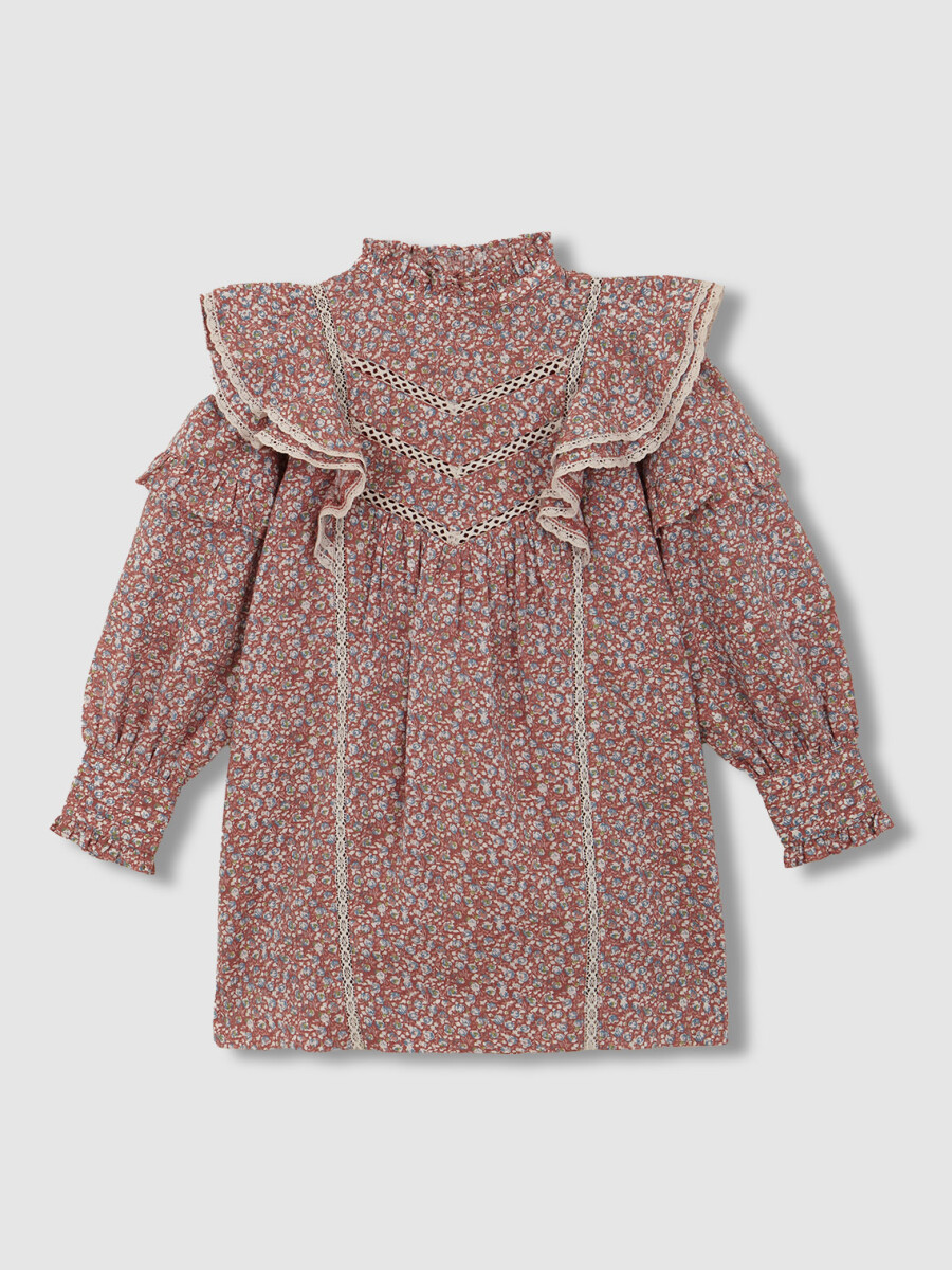 Vestido Estampado De Flores Con Tiras Bordadas Granate