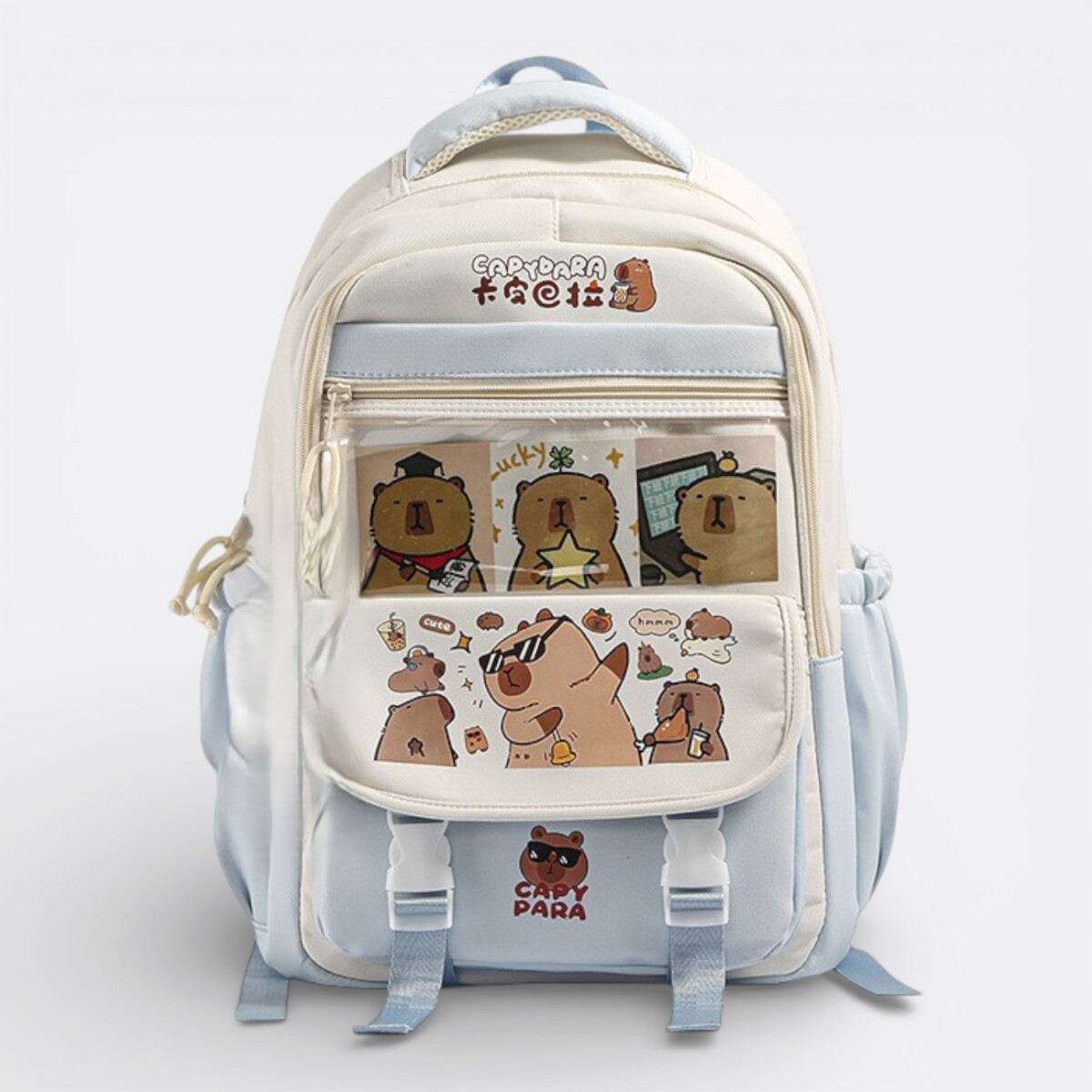 Mochila Capibara Doble Cierre Colores Pastel - Celeste 