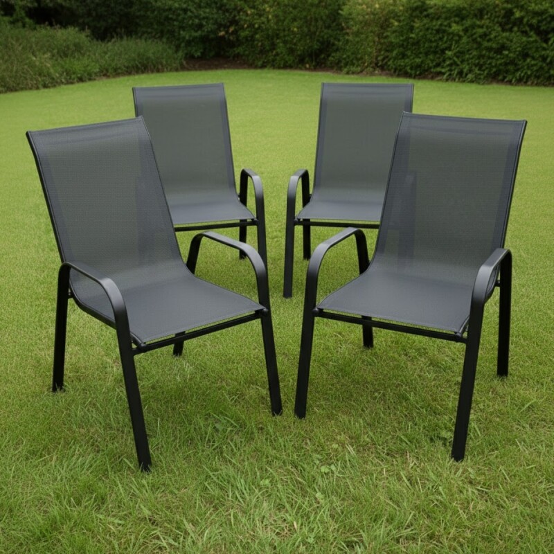 Set x4 Silla De Jardín De Metal Y Textilina Apilable con Apoyabrazos NEGRO
