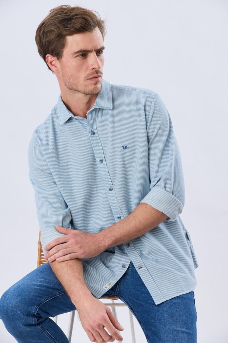 CAMISA RAYADA DE LINO - Azul 