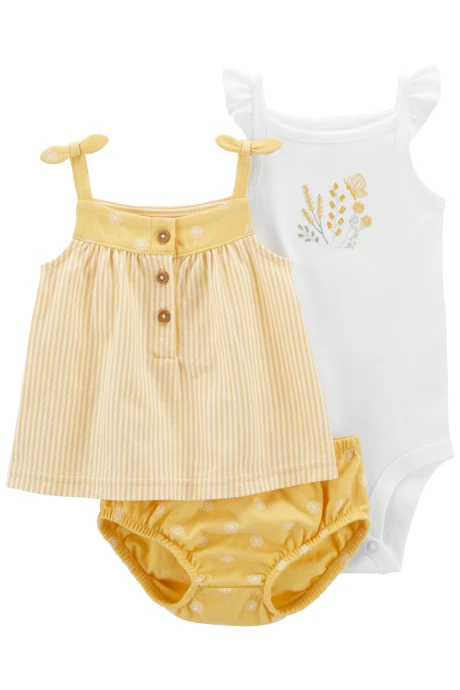 Set tres piezas short, musculosa y body de algodón con bordado Set tres piezas short, musculosa y body de algodón con bordado